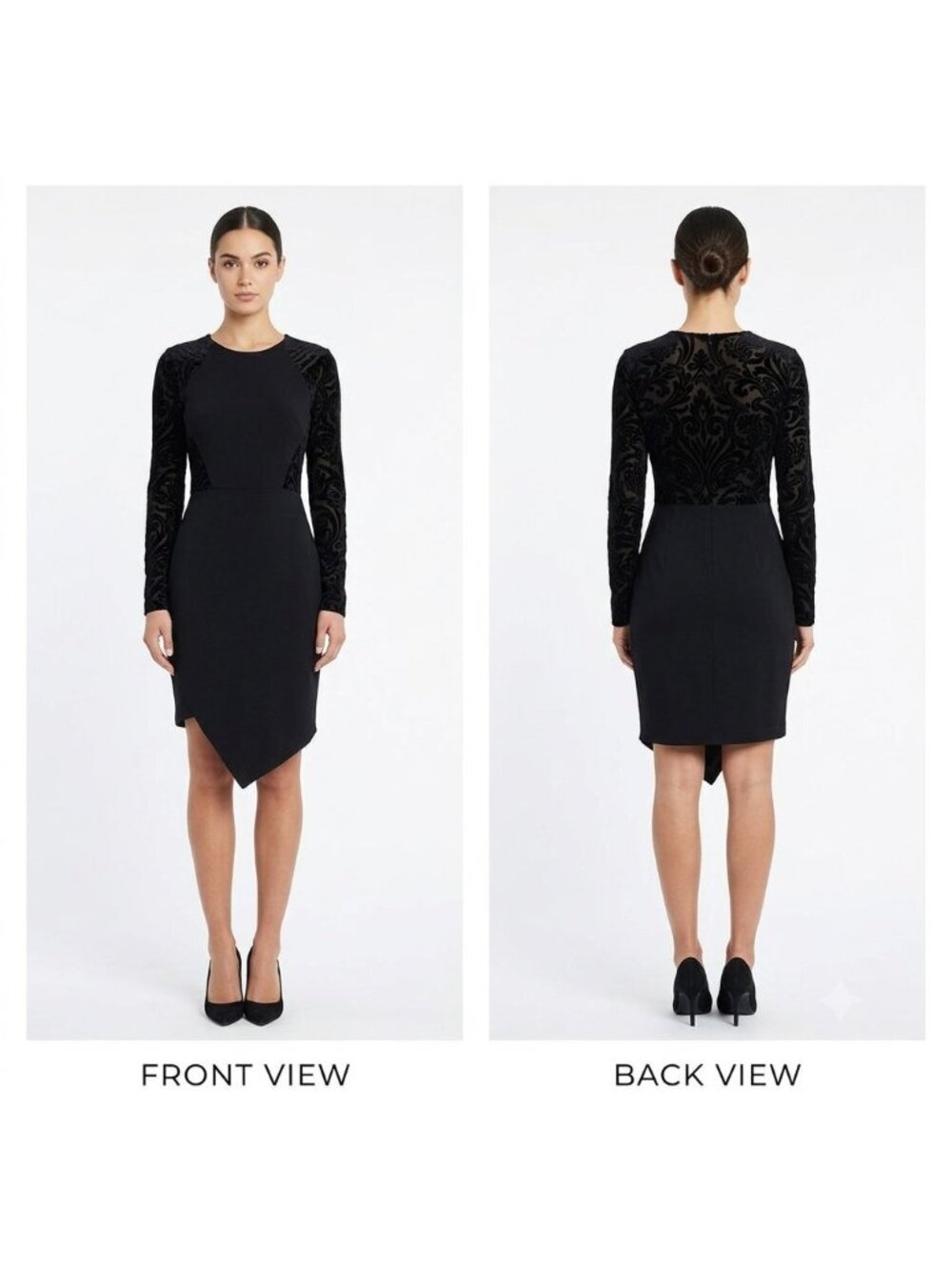Vintage Cameo Black Long Sleeve Burnout Velvet Detail Fitted Dress Women Size L
